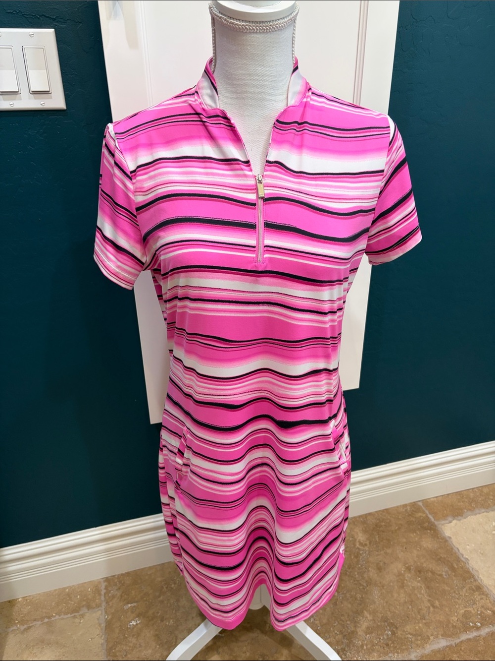 Tail short sleeve pink, white and black striped dress
